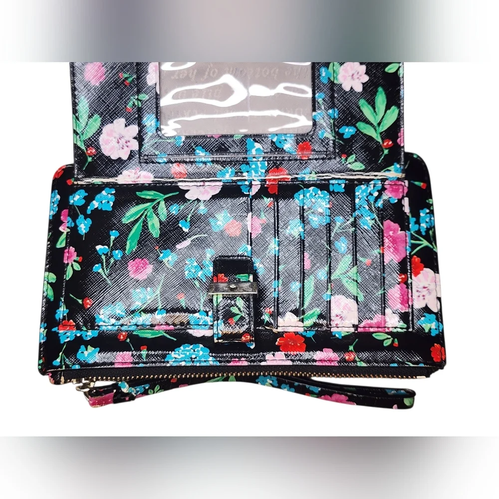 KATE SPADE Black Floral Print Zip Around Wallet Wristlet